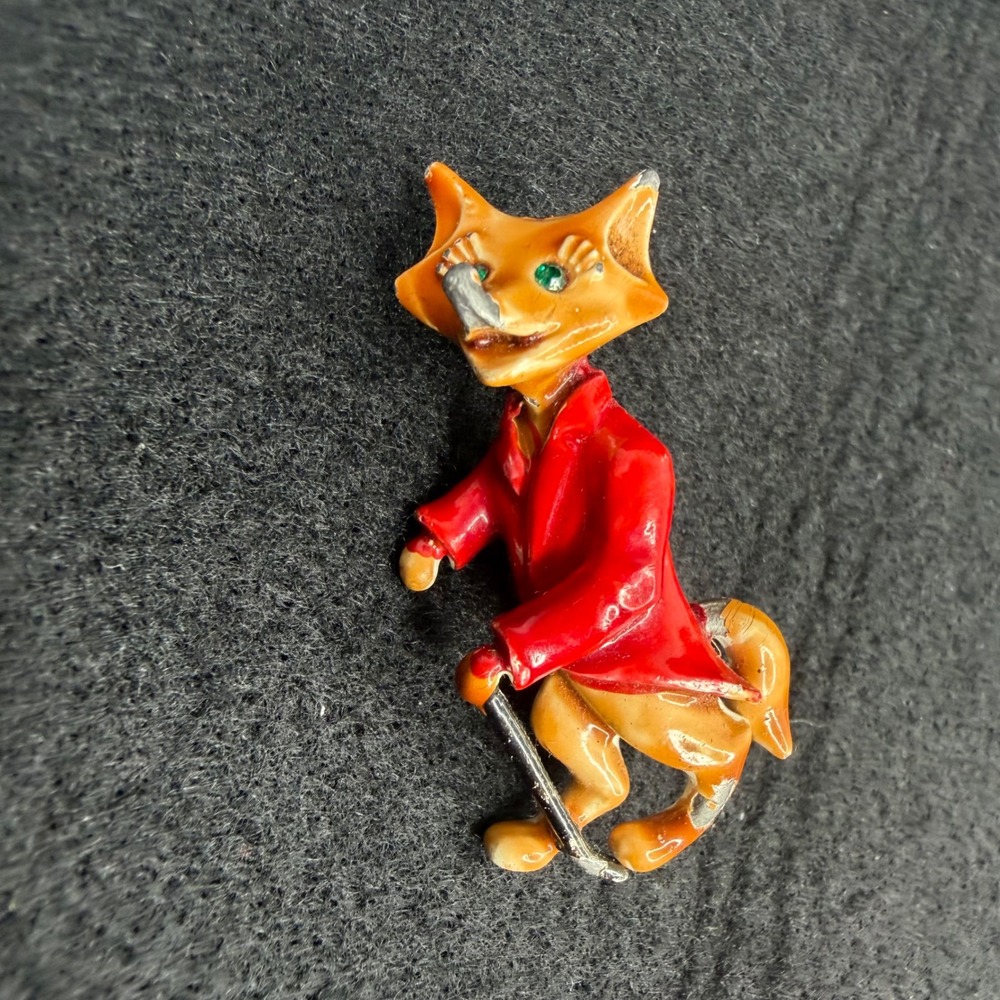 VTG JJ Jonette Fox Enamel Brooch Red Green Rhinestone Eyes Pin Anthropomorphic - Picture 3 of 8